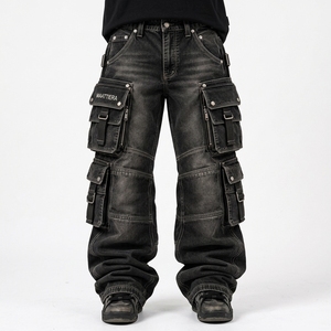 Mens <b>Black</b> Washed Denim <b>Cargo</b> Pants Oversized Baggy Fit Multi Pocket Streetwear <b>Trousers</b> Custom OEM ODM Wholesale Supplier - Product Image 1