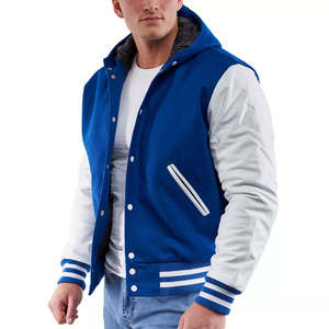 Veste de sport bleue pour homme, manches blanches, capuche, col rabattu, fermeture à boutons, couleur unie, style preppy, vêtement d'automne - Product Image 4