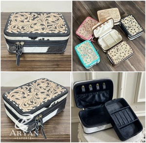 Étui à bijoux portable en cuir de vachette véritable, motif floral élégant, pour femmes, idéal pour ranger bagues et colliers en voyage. - Product Image 1