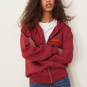 Sudadera con capucha y cremallera para mujer de tu marca, roja, de algodón, tejida, de manga larga, con logo bordado, para uso casual y de otoño. - Product Image 4
