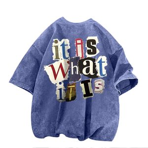 T-shirt en coton bleu surdimensionné pour homme, manches courtes, col rond, coupe décontractée, longueur standard, motif imprimé avec lettres au dos - Product Image 1