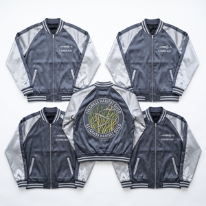 Blouson Bomber en Satin avec Fermeture Éclair, Manches Raglan, Motif Arbre d'Orme Doré, Broderie au Dos, Coupe-Vent Style Baseball – Vente en Gros - Product Image 6