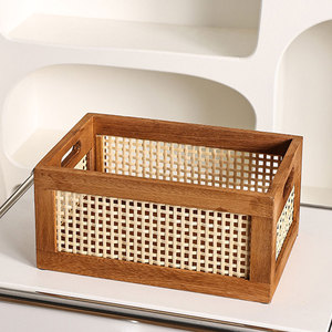 Modern Rattan <b>Storage</b> <b>Basket</b> Wooden Organizer Bin with Handles <b>Rectangular</b> Woven Tray for Living Room Bedroom Nursery - Product Image 4