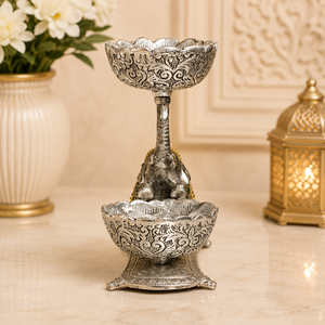 Porte-bougie décoratif en métal plaqué argent fait main, en forme d'éléphant, avec double bol, centre de table Urli, pièce maîtresse, figurine - Product Image 3
