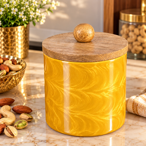 Recipiente Decorativo de Metal para Almacenamiento con Tapa de Madera y Acabado Dorado Marmoleado, Recipiente de Cocina de Lujo para Frutos Secos, Nueces y Galletas - Product Image 2