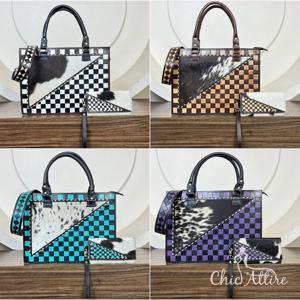 Bolso Tote de Cuero Vacuno Repujado Hecho a Mano de Primera Calidad con Conjunto Combinado de Cartera de Mano y Bolso de Pulsera, Patrón a Cuadros, Conjunto Combinado de 2 Piezas para Mujer - Product Image 1
