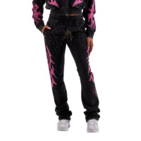 Pantalon de survêtement d'hiver empilé pour filles, en molleton bouclette lourd 350 GSM, style streetwear, avec patchs vieillis et strass, 100% biologique, collection 2026