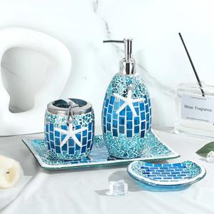 Juego de Accesorios de Baño de Vidrio Azul con Diseño de Mosaico de Conchas Marinas, Perfecto para el Tocador, Baño de Invitados o Cuarto de Baño - Product Image 6