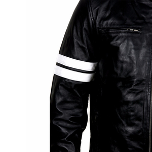 Men's Black PU Leather Biker Jacket with White Stripes Stand Collar Zipper Closure Regular Fit Moto Style Autumn Wear - Product Image 3