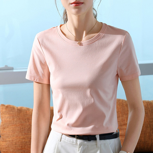 Camiseta de algodón de manga corta para mujer, estilo 2026, color liso, cuello redondo, con cintura fruncida sencilla - Product Image 1