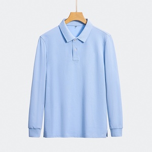 <b>Men</b> Light Blue <b>Long</b> <b>Sleeve</b> <b>Polo</b> <b>Shirt</b> Knitted Cotton Casual Style Breathable Solid Color Regular Fit - Product Image 1