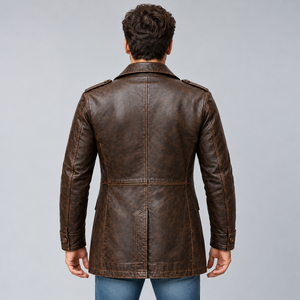 <b>Men's</b> Luxury Antique Brown <b>Leather</b> <b>Blazer</b> Double Breasted Ten Button Closure Classic Lapel Collar Distressed <b>Leather</b> Overcoat - Product Image 5