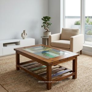 Rustic Solid Wood Durable Eco-Friendly Handmade <b>Coffee</b> <b>Table</b> Storage Glass Top Antique Finish Indoor Outdoor Living Room - Product Image 4