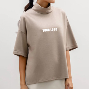 Camiseta de Manga Corta con Cuello Alto para Mujer, de Alta Calidad, Holgada, de Color Sólido, de Algodón, Informal, Veraniega, Transpirable, con Logotipo Estampado - Product Image 4