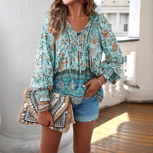 Blusa de Verano Informal de Estilo Bohemio con Estampado Floral y Cuello en V, de Media Manga, Transpirable, a la Moda, para Mujer - Product Image 3