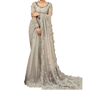 Sari en soie gris élégant avec broderie pour femme, prêt-à-porter, pour mariage et fêtes, vêtements indiens et pakistanais, longueur au sol - Product Image 1