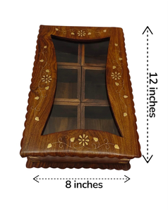 Boîte à épices en bois artisanale avec couvercle en verre incrusté de motifs floraux, détail en laiton, style Masala Dabba indien, organisateur de rangement pour épices de cuisine - Product Image 2