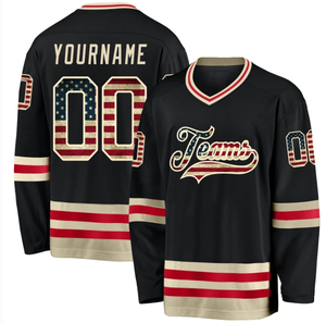 Maillot de hockey sur glace personnalisé unisexe col en V noir rouge blanc avec impression du drapeau sur le devant pour équipes, sublimé, respirant, demi-manches, adulte - Product Image 1