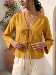 Blusa de Lino con Cuello en V para Mujer, Manga Larga con Volantes, Estilo Bohemio Vintage para Oficina, Transpirable, Color Sólido, Primavera Verano - Product Image 3
