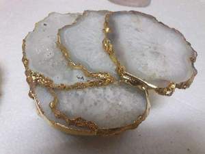 Natural Blue Dyed <b>Agate</b> Slice <b>Coasters</b> with Gold Electroplated Edge Polished Crystal Stone - Product Image 3