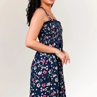 Robe Courte Florale Femme Bleu Marine en Coton Tissé 100% Respirant Coupe A-Line Écologique Lavable Ajustée Idéale pour les Vacances – Qualité Supérieure