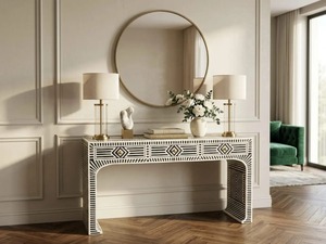 Console Art Déco avec incrustations géométriques pour la décoration d'entrée, mobilier moderne d'intérieur, forme rectangulaire, en bois - Product Image 2
