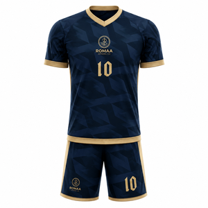 Conjunto de Camiseta y Pantalones Cortos de Fútbol Personalizados en Azul Marino Oscuro y Dorado, Cuello en V, Uniforme de Fútbol Sublimado con Patrón Geométrico, Conjunto de Camiseta de Fútbol OEM - Product Image 2