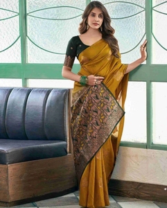 Sari Tradicional KV de Algodón y Seda sin Coser, Estampado, para Fiesta - Product Image 1