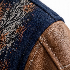 Veste d'hiver en laine avec manches en simili cuir, coupe-vent, écologique, imprimé graphique, col montant, fermeture à boutons pression, pour homme - Product Image 5