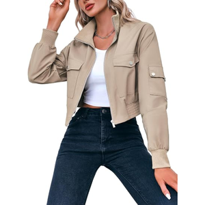 <b>Women</b>’s Cropped Bomber <b>Jacket</b>, Lightweight <b>Zip</b>-<b>Up</b> Short <b>Jacket</b>, Casual Stand Collar Coat for Fall and Everyday Wear - Product Image 2