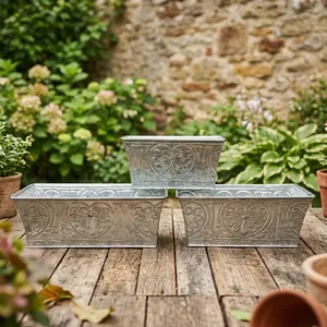 Metal <b>Planters</b> Set of 3 <b>Rectangular</b> Galvanized Decorative <b>Outdoor</b> Garden Containers - Product Image 3