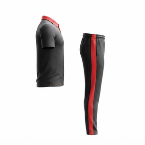 Wealthy Black Red <b>Cricket</b> Sports Polo <b>Shirt</b> with Cotton Jogger Pants Set Breathable Polyester Training Kit - Product Image 4
