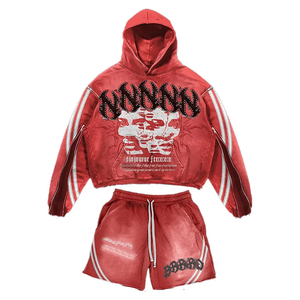 Custom Logo Streetwear Rhinestone Acid Wash Hoodie Heavy Cotton Screen Printing Sweatsuit Vintage Hoodies And Shorts Set For Men - Product Image 3