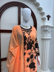 Luxury Peach Orange Georgette Palazzo Suit Set Heavy Black Floral Embroidery <b>Sequin</b> Kurti Palazzo <b>Pant</b> Set with Dupatta Indian - Product Image 3