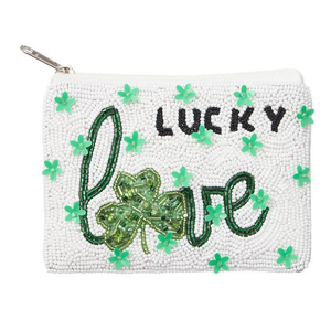 Mini pochette à monnaie perlée, trèfle porte-bonheur vert et blanc, pochette zippée perlée - Product Image 5
