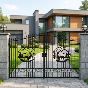 Decorative Black Wrought Iron Double <b>Swing</b> Driveway Gate with Circular Motifs for Villa Home Garden Entrance Security - Product Image 2
