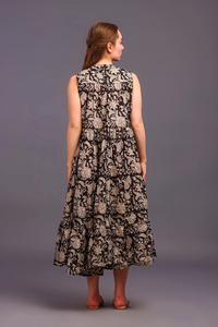 Robe longue maxi en coton pour femmes, imprimé floral, col mandarin, sans manches, imprimé à la main, pour les fêtes, la plage - Product Image 2