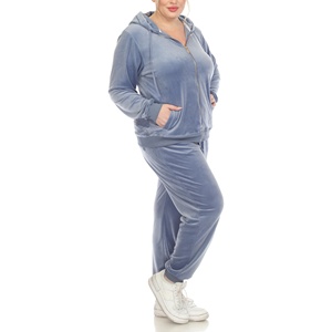 Conjunto Deportivo Azul con Capucha para Mujer, Talla Grande, Pantalones Largos de Color Sólido, Casuales, con Bolsillos Laterales y Cierre de Cremallera, para Otoño - Product Image 1
