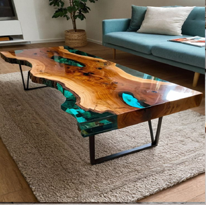 Mesa de centro de lujo con tapa de resina azul océano y base de madera dorada, para decoración de hogares de lujo, disponible a precios de mayorista. - Product Image 6