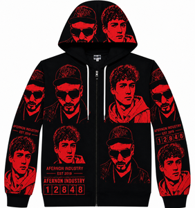 Sudadera con Capucha y Cremallera para Hombre Afernon Industry, Estampado Rojo, Estilo Urbano, Corte Regular, Tejido de Poliéster, Estilo Otoñal - Product Image 1