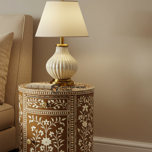 Luxury Modern Floral Bone Inlay <b>Bedside</b> <b>Table</b> Handcrafted <b>Round</b> Wood Nightstand with 2 Drawers - Product Image 5