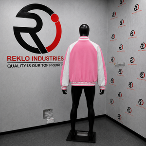 Premium Men's Wool Varsity <b>Jacket</b> Pink and <b>White</b> with Striped Cuffs Luxury Full Zip Design Classic Unisex <b>White</b> Boxy Fit Stylish - Product Image 4