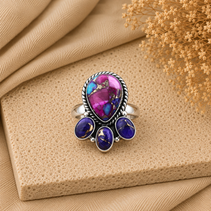 Multi Purple Oyster Copper Turquoise Handmade Western Style <b>Adjustable</b> <b>Silver</b> <b>Ring</b> Gemstone Statement Jewelry - Product Image 1