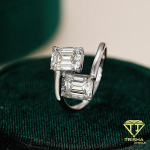 Elegant Moissanite Diamond <b>Emerald</b> Cut Two Stone <b>Ring</b> <b>Silver</b> Tone Bypass Setting Modern Engagement Jewelry For Women - Product Image 3