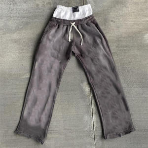 Pantalon de jogging streetwear noir délavé à l'acide, coupe large évasée, avec logo imprimé DTG personnalisé et double taille - Product Image 4