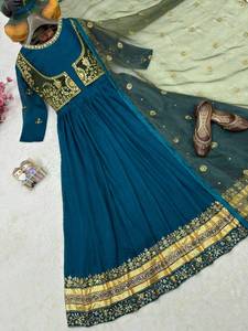 Conjunto de Vestido Anarkali Azul Turquesa para Mujer, con Dupatta, Diseño Bordado, Ropa Étnica India, para Bodas y Fiestas, Verano/Invierno, Secado Rápido, Largo - Product Image 3