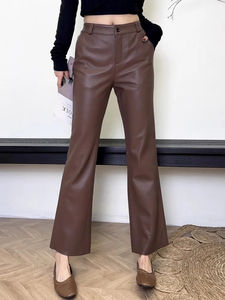 Pantalones de cuero genuino para mujer, pantalones elásticos con cintura elástica, ajustados hasta el tobillo, pantalones acampanados elegantes de piel de oveja para oficina, M-4XL - Product Image 5
