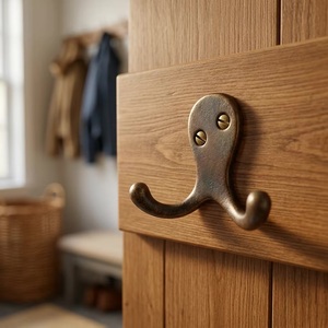 Patère murale double rustique en fonte, finition laiton antique, robuste, pour rangement de vêtements - Product Image 1