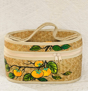 Bolsa de Maquillaje Artesanal Ecológica de Hierba de Sedge con Flores, Dos Asas, Cierre Abierto, Organizador de Cosméticos para la Vida Diaria y Viajes - Product Image 3
