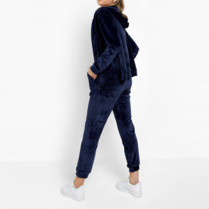Women <b>Navy</b> Velvet 2 1 Eco-Friendly Tracksuit Set Hooded Full Length Pants Drawstring Side Pockets Floral Embroidery Casual Wear - Product Image 3